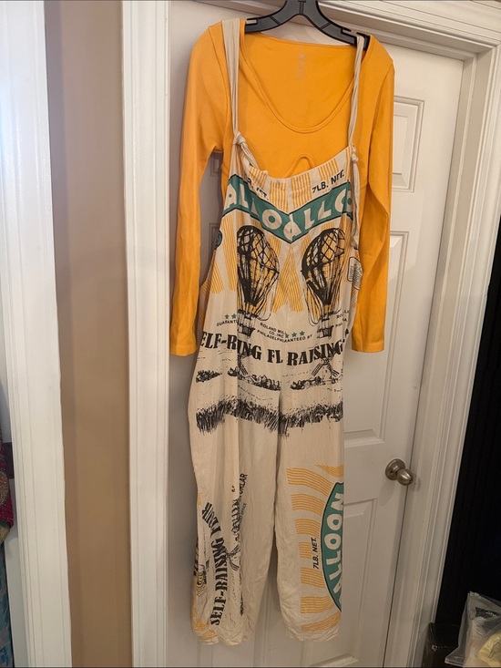 Jaded Gypsy Pants - Jaded Gypsy Graphic Cream Overalls with Yellow and Teal Print